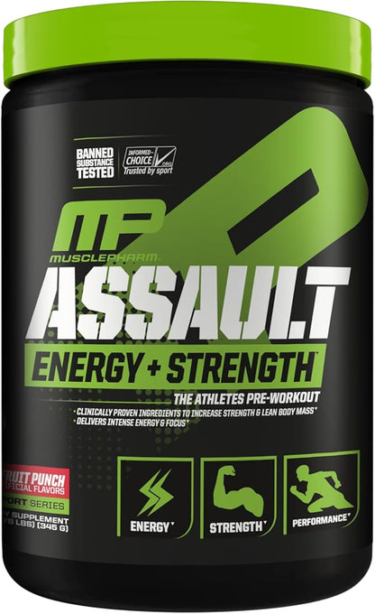 Muscle Pharm Assault Energy & Strength Pre Workout Powder for Men & Women with Beta Alanine, Caffeine, Creatine & Betaine Anhydrous, Pre-Workout Supplements, 30 Servings, Fruit Punch Flavor