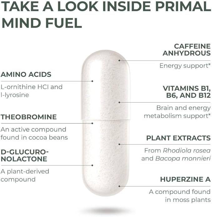 Brain Supplement by Primal Harvest, Primal Mind Fuel Brain Booster for Focus, Energy, Clarity, and Brain Health 30 Capsules Nootropics Brain Support Supplement for Men and Women
