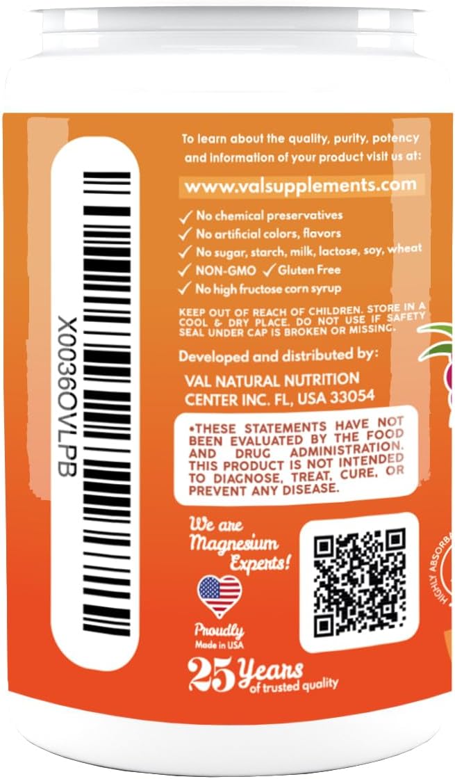 VAL Chewable Magnesium for Kids, Relaxation and Calm Formula, Glycinate, Citrate, Taurate, Vitamin B6, D, C, Natural Blueberry Flavor, Sugar Free, Gluten Free, Non-GMO, 60 Chewable Tablets