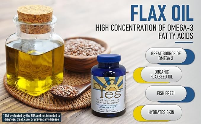 Omega 3 6 EFA Fish Oil Alternative, Organic Plant Based, Vegetarian, Burpless, No Fishy Aftertaste (4 x 120 Soft Gels) by YES Your Essential Supplements