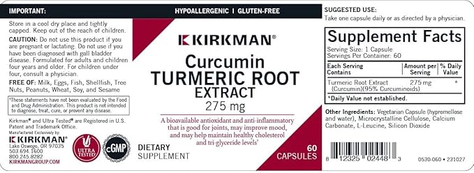 Kirkman Curcumin Turmeric Root Extract 275 mg || 60 Vegetarian Capsules || Antioxidant Activity || Immune System Support
