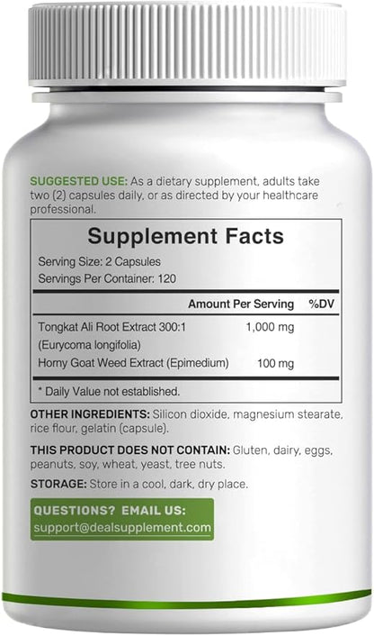 Deal Supplement Tongkat Ali Extract 300:1 with Horny Goat Weed 1,100mg, 240 Capsules – Indonesian Longjack Eurycoma Longifolia Root – Extra Strength Herbal Supplement for Energy