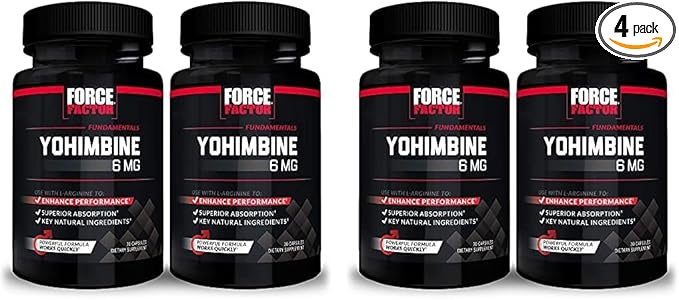 Force Factor Yohimbine Supplement for Men, Yohimbe Bark Extract with Superior Absorption to Enhance Performance, 6mg Yohimbine Bark Pills with Key Natural Ingredients, 30 Count (Pack of 4)