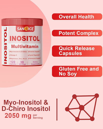 Inositol Multivitamin Capsules, 2000mg Myo-Inositol & 50mg D-Chiro Inositol 40:1 Blend, Inositol Supplement with Omega 3 for Women (120 Capsules)
