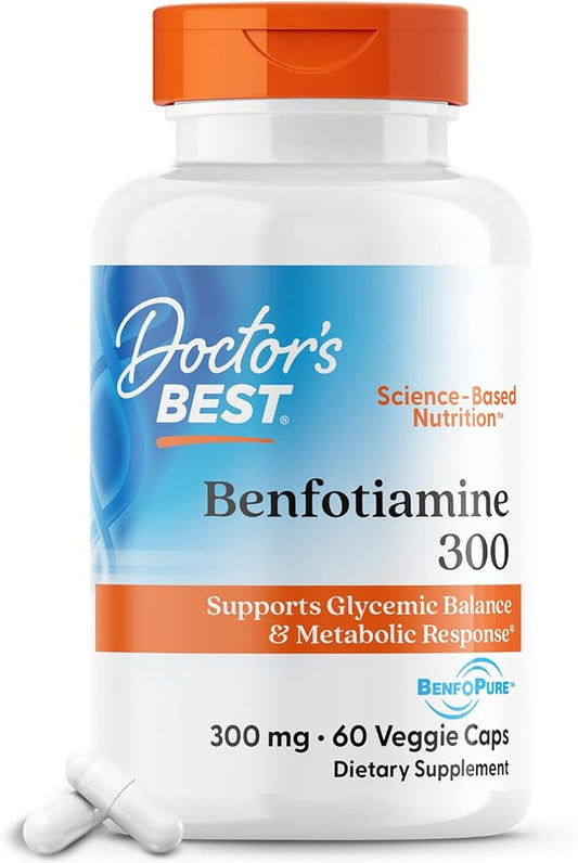Doctor's Best Benfotiamine 300 with BenfoPure, Helps Maintain Healthy Glucose Metabolism, Non-GMO, Vegan, Gluten Free, Soy Free, 300 mg, 60 Veggie Caps