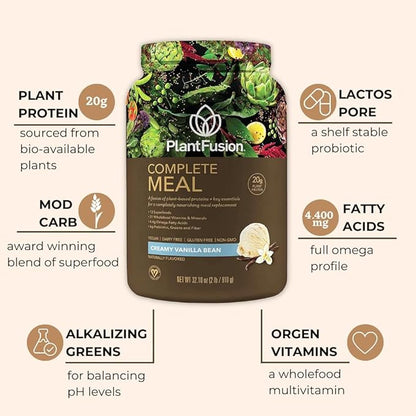 PlantFusion Complete Meal Replacement Shake - Plant Based Protein Powder with Superfoods, Greens & Probiotics - Vegan, Gluten Free, Soy Free, Non-Dairy, No Sugar, Non-GMO - Vanilla 2 lb