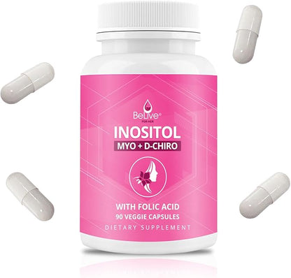 BeLive Myo-Inositol & D-Chiro Inositol Capsules - 90Ct I Inositol Supplement with Folic Acid Supplements for Woman, Optimal 40:1 Ratio (1)