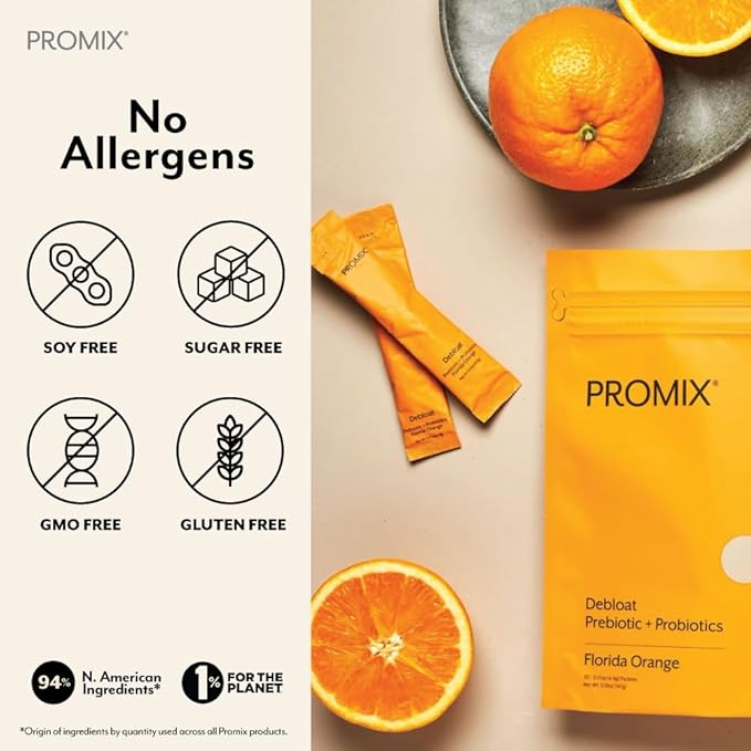 Promix Debloat Prebiotics and Probiotics with Baobab - Rich in Vitamin C, Bloating Relief, Immune Support - Orange - 30 Count
