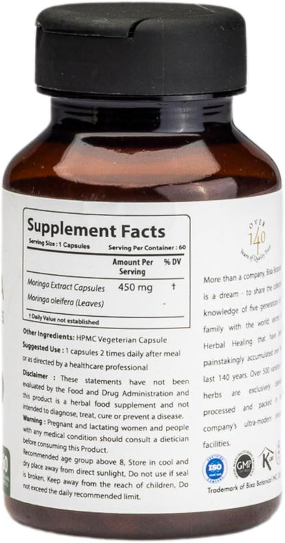 bixa BOTANICAL Moringa Leaf Extract Capsule (Moringa Oleifera) | Multi-Vitamin Green Super Food Supplement ǀ Pure Natural Nutrition Supplement- (60 Count(Pack of 1))