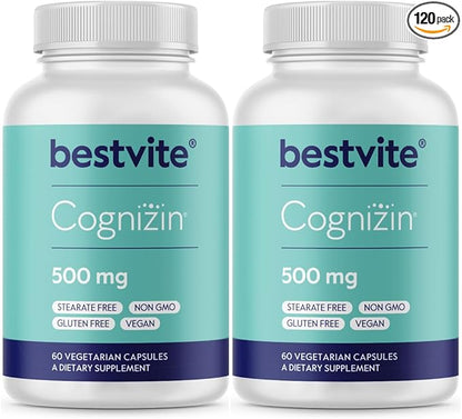 BESTVITE Cognizin 500mg (120 Vegetarian Capsules) (60x2) - Clinically Studied Premium Choline Nootropic - No Stearates - Vegan - Non GMO - Gluten Free - Brain Supplements for Memory and Focus