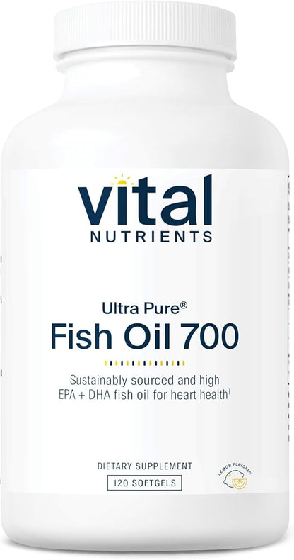 Vital Nutrients Ultra Pure® Fish Oil 700 | Supports Heart, Brain, and Joint Health* | Sustainably Sourced High EPA & DHA Omega-3 Fatty Acid | Lemon Flavor | Gluten, Dairy & Soy Free | 120 Softgels