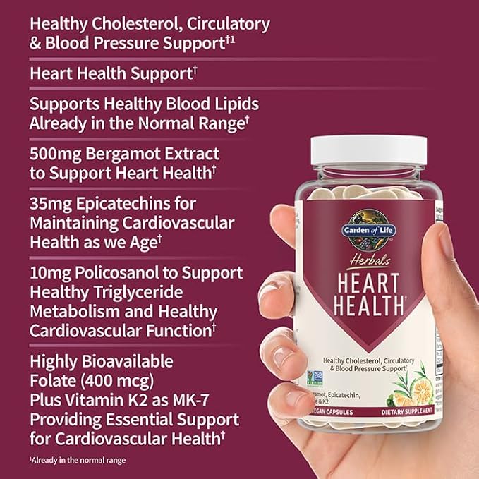 Garden of Life Herbals Heart Health Supplement with Folate, Bergamot, Green Tea & Vitamin E & K for Cholesterol, Circulatory & Blood Pressure Support, Non-GMO, Gluten-Free, Citrus Flavor, 30 Servings