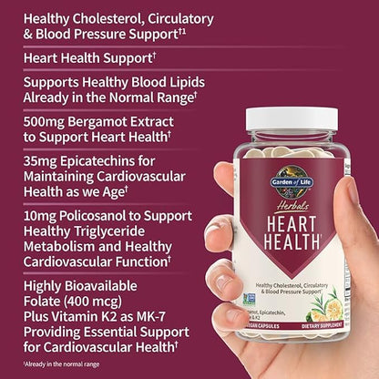 Garden of Life Herbals Heart Health Supplement with Folate, Bergamot, Green Tea & Vitamin E & K for Cholesterol, Circulatory & Blood Pressure Support, Non-GMO, Gluten-Free, Citrus Flavor, 30 Servings