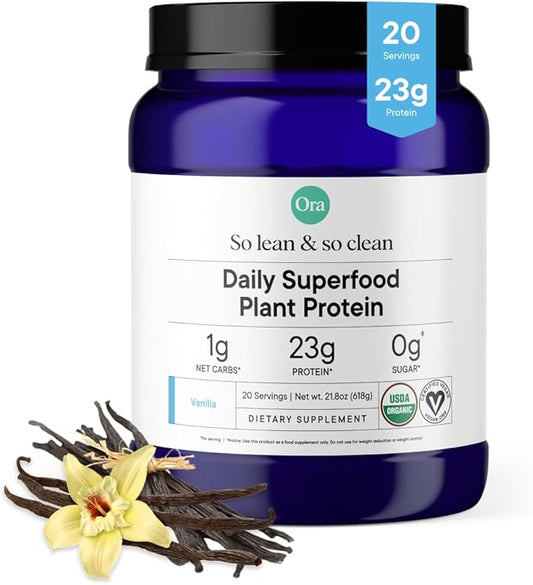 Ora Organic Plant-Based Protein Powder - 23g Protein for Women and Men - Vanilla Flavor 20 Servings, Vegan, Clean Protein, Third-Party Tested, Gluten-Free - 20 Servings
