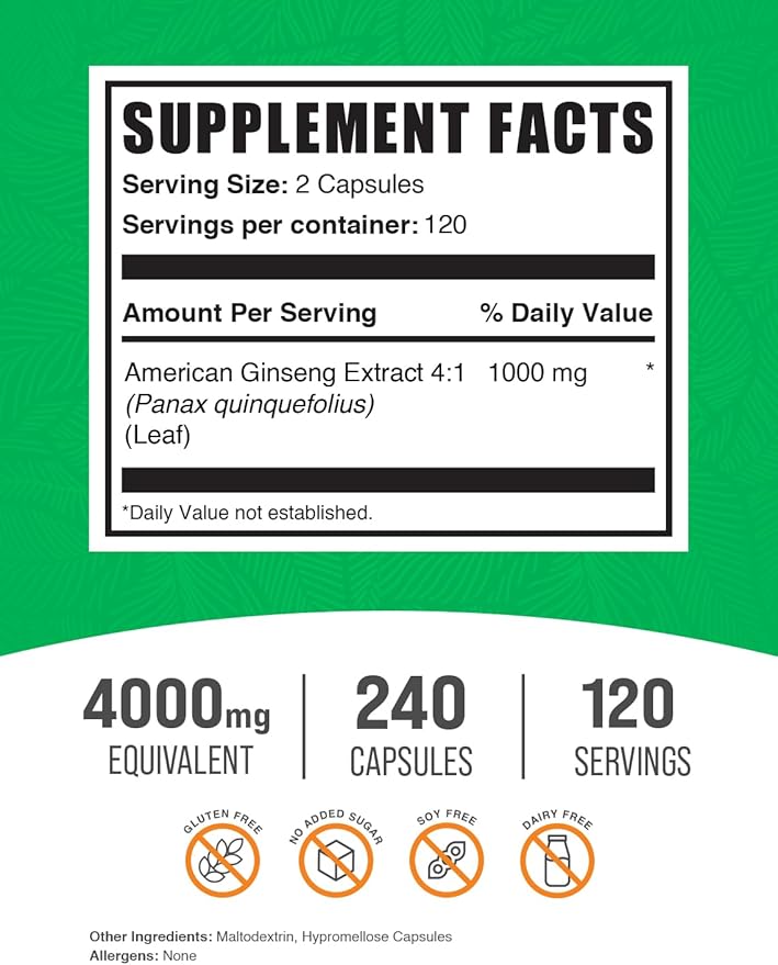 BulkSupplements.com American Ginseng Capsules - American Ginseng Extract, Ginseng Herbal Supplement - Vegan, 2 Capsules per Serving (4000mg Equivalent), 240 Veg Capsules (Pack of 1)