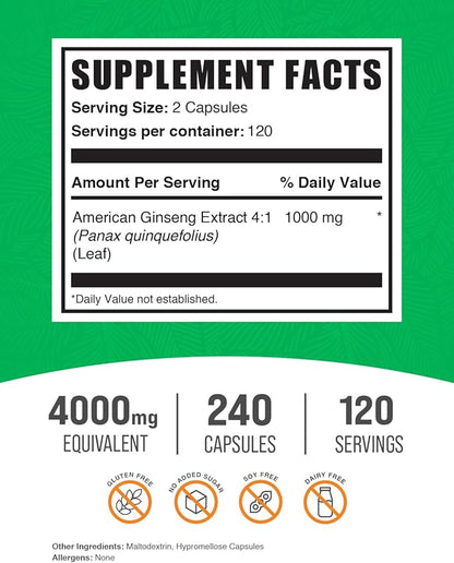 BulkSupplements.com American Ginseng Capsules - American Ginseng Extract, Ginseng Herbal Supplement - Vegan, 2 Capsules per Serving (4000mg Equivalent), 240 Veg Capsules (Pack of 1)
