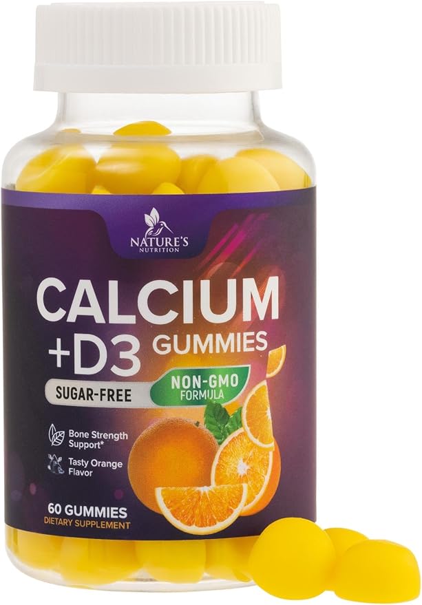 Sugar Free Calcium Gummy Bites Plus 400 IU Vitamin D3, Bone Health & Immune Support, Supports Bone Strength - Chewable Calcium Nutrition Supplement, Non-GMO, Orange Flavor Chews - 60 Gummies