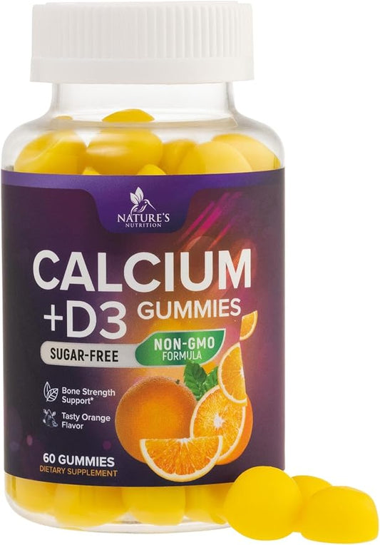 Sugar Free Calcium Gummy Bites Plus 400 IU Vitamin D3, Bone Health & Immune Support, Supports Bone Strength - Chewable Calcium Nutrition Supplement, Non-GMO, Orange Flavor Chews - 60 Gummies
