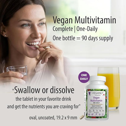 Vegan Multivitamin One-Daily, (90 Veg Tablets). Complete Vegan Nutrition Support for Plant-Based, Vegan or Vegetarian Diets. 26 Essentials with High Potency in B12 & D3.