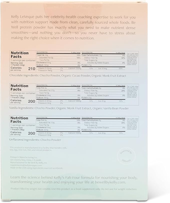 Be Well by Kelly Plant-Based Vegan Protein Powder Sample Pack - Paleo and Keto Friendly, Dairy-Free & Gluten-Free - Low Carb Protein Powder with - 20g+ Protein (3 Servings)