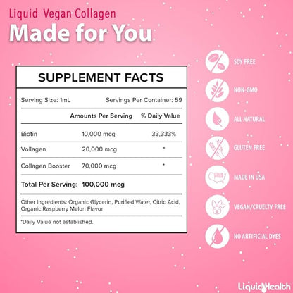 LIQUIDHEALTH 100% Vegan Collagen Plus Biotin 100,000mcg Liquid Drops - Plant-Based Liquid Collagen for Women, Men - Hair & Nail Growth, Skin Health, Boosts Metabolism - Non-GMO, Sugar Free (2 Pack)