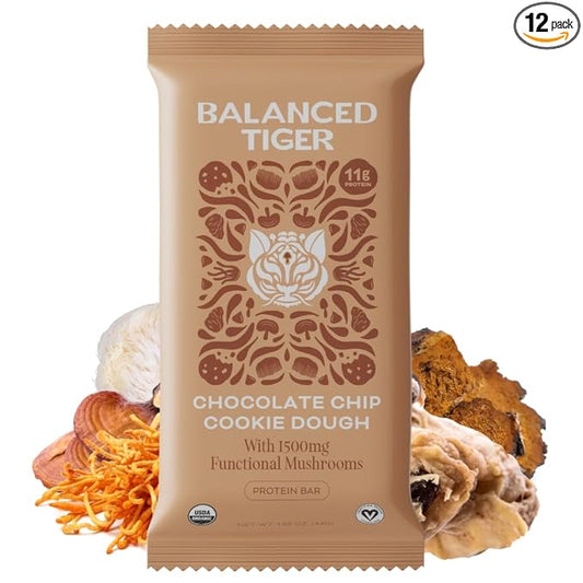 Organic Functional Mushroom Protein Bars | Full Dose (1500mg) Lions Mane, Chaga, Reishi & Cordyceps Bars | Vegan Protein Bars, Adaptogens, Superfoods Protein Bars | Chocolate Chip Cookie Dough Flavor