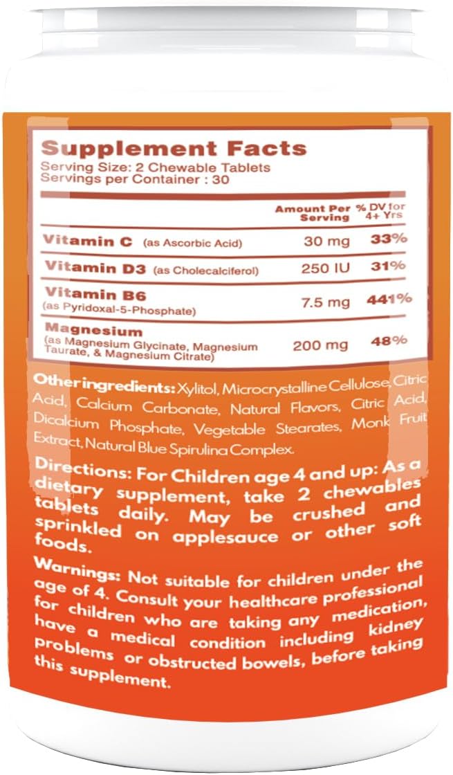 VAL Chewable Magnesium for Kids, Relaxation and Calm Formula, Glycinate, Citrate, Taurate, Vitamin B6, D, C, Natural Blueberry Flavor, Sugar Free, Gluten Free, Non-GMO, 60 Chewable Tablets