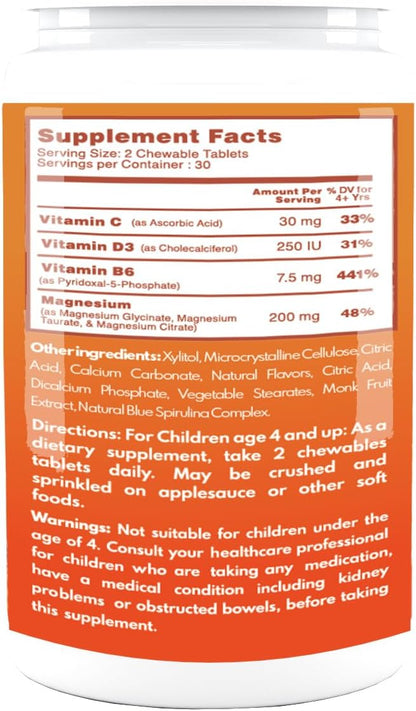 VAL Chewable Magnesium for Kids, Relaxation and Calm Formula, Glycinate, Citrate, Taurate, Vitamin B6, D, C, Natural Blueberry Flavor, Sugar Free, Gluten Free, Non-GMO, 60 Chewable Tablets