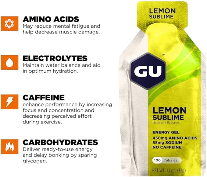 GU Energy Original Sports Nutrition Energy Gel, Vegan, Gluten-Free, Kosher, and Dairy-Free On-the-Go Energy for Any Workout, 24-Count, Lemon Sublime