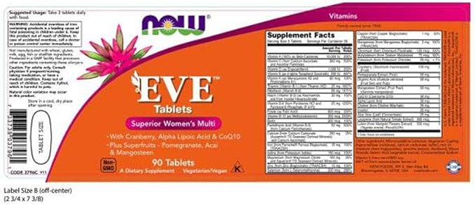 NOW Supplements, Eve™ Women's Multivitamin with Cranberry, Alpha Lipoic Acid and CoQ10, Plus Superfruits - Pomegranate, Acai & Mangosteen, 90 Tablets (Pack of 2)