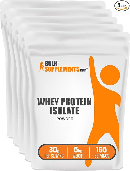 BulkSupplements.com Whey Protein Isolate Powder - Unflavored Protein Powder, Whey Isolate Protein Powder - Whey Protein Powder, Gluten Free, 30g per Serving, 5kg (11 lbs) (Pack of 5)