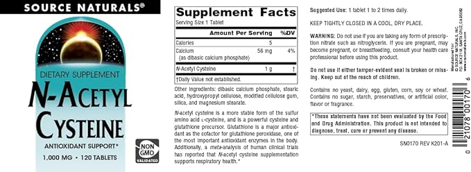 Source Naturals N-Acetyl Cysteine Antioxidant Support, Dietary Supplement That Supports Respiratory Health* - 1000 mg -120 Tablets