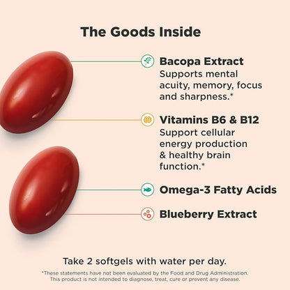 OLLY Ultra Strength Brain Softgels, Nootropic, Supports Healthy Brain Function, Memory, Focus and Concentration, Omega-3s, Vitamins B6 and B12, 30 Day Supply - 60 Count