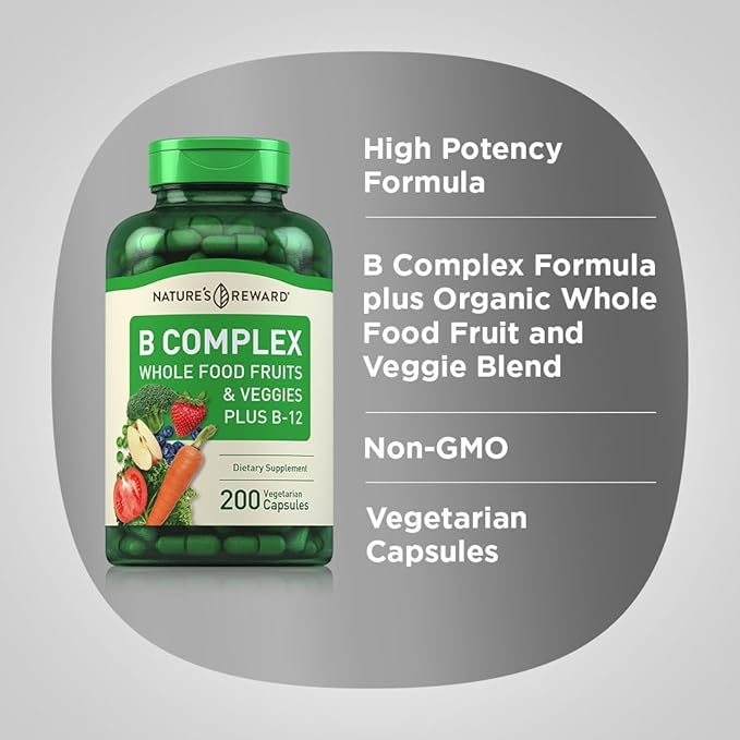 Piping Rock B Complex with Whole Food Fruits & Veggies 200 Capsules | Plus Vitamin B-12 | Non-GMO & Vegetarian Supplement