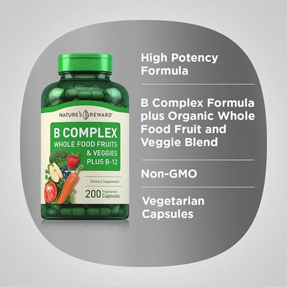 Piping Rock B Complex with Whole Food Fruits & Veggies 200 Capsules | Plus Vitamin B-12 | Non-GMO & Vegetarian Supplement