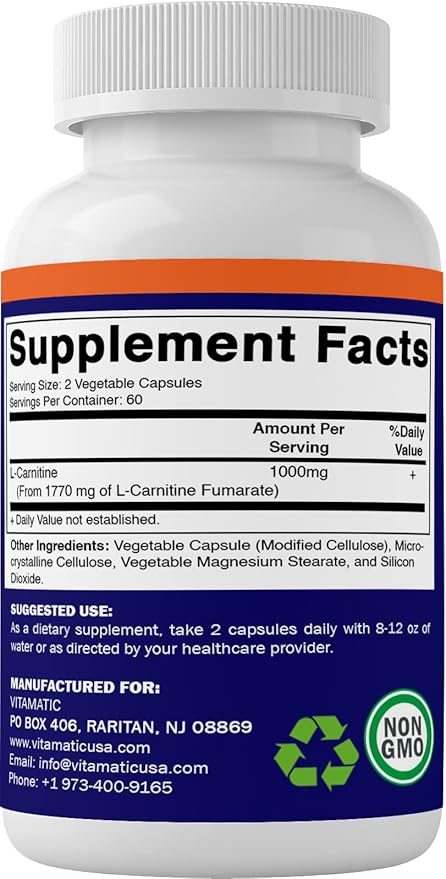 Vitamatic L-Carnitine Fumarate 1000 mg - 120 Vegetable Capsules (2 Bottles)