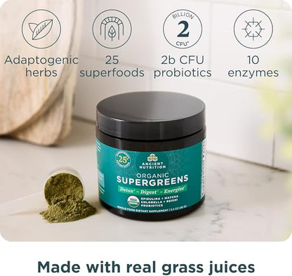 Ancient Nutrition Organic SuperGreens Powder with Probiotics, Organic Greens Flavor Greens, Made from Real Fruits, Vegetables and Herbs, Digestive and Energy Support, 12 Servings, 3.4oz