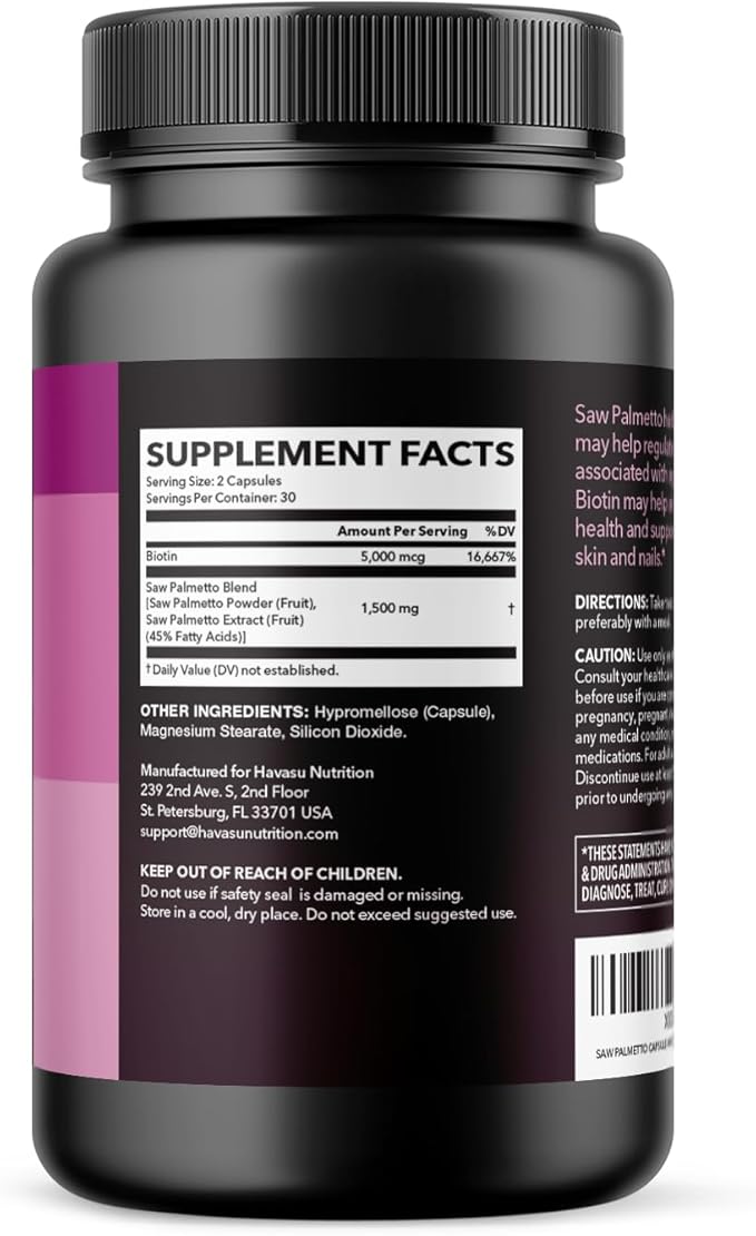 Saw Palmetto for Women + 5000 mcg Biotin Supplement | DHT Blocker Hair Health Vitamins | Supports Stronger Appearance of Hair for Women Post-Partum | 2 Month Supply Vegan Women's Saw Palmetto
