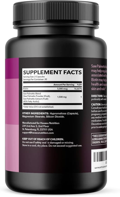 Saw Palmetto for Women + 5000 mcg Biotin Supplement | DHT Blocker Hair Health Vitamins | Supports Stronger Appearance of Hair for Women Post-Partum | 2 Month Supply Vegan Women's Saw Palmetto
