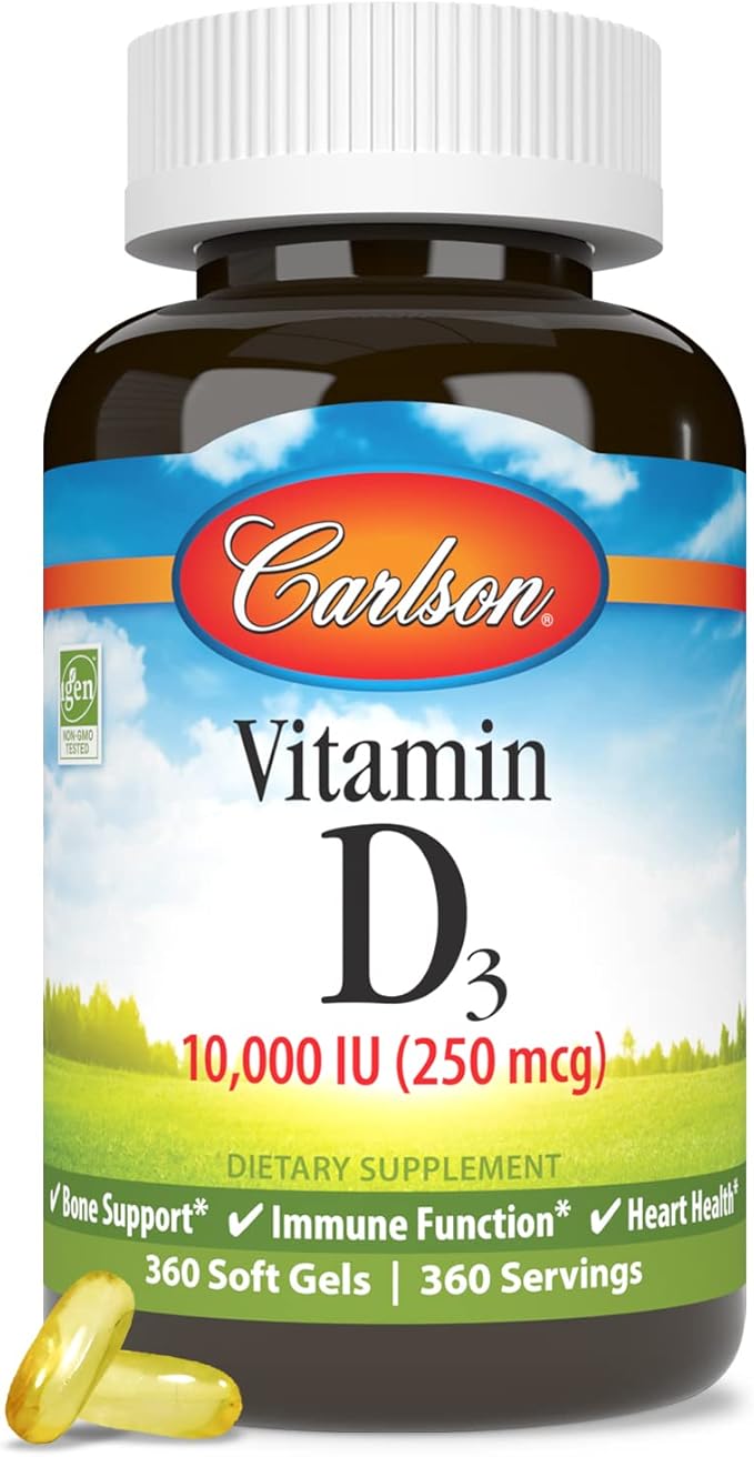 Carlson Vitamin D3 10,000 IU (250 mcg), Cholecalciferol, Bone & Immune Health, 360 Soft Gels
