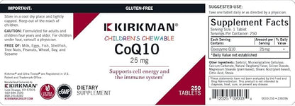 Kirkman Coenzyme Q10 25 mg Children's Chewable Tablets || 250 Tablets || CoQ10 || Free of Common allergens || Gluten Free || Casein Free || Supports Immune System