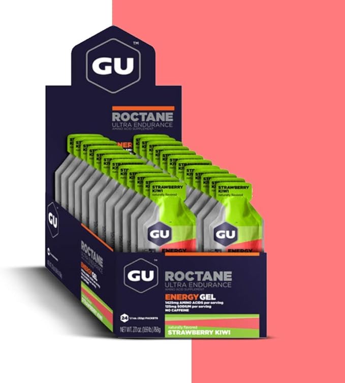 GU Energy Roctane Ultra Endurance Energy Gel, Vegan, Gluten-Free, Kosher, and Dairy-Free On-The-Go Sports Nutrition for Running, Biking, Hiking or Skiing, Strawberry Kiwi (24 Packets)