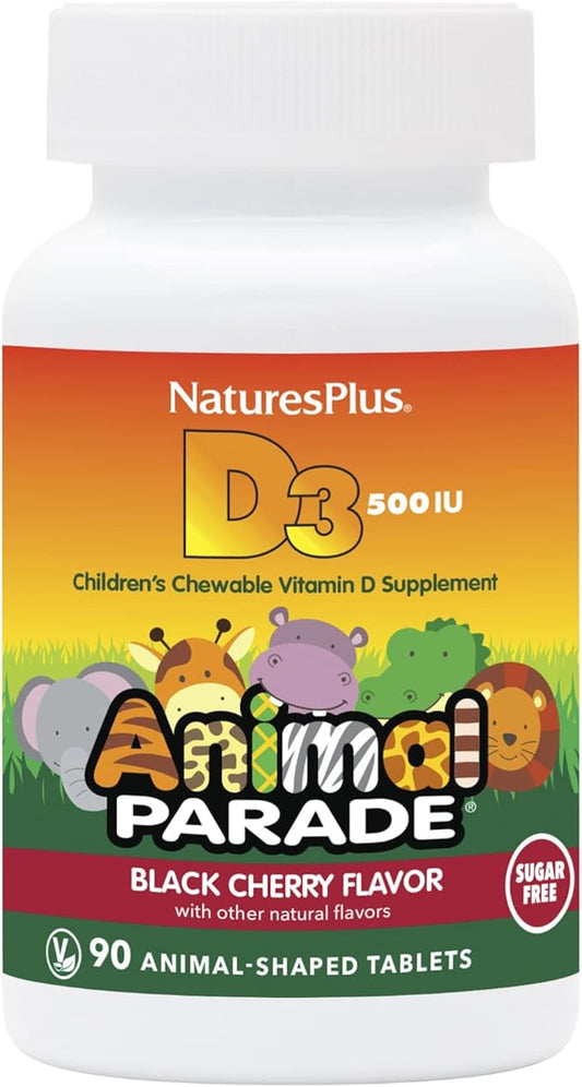 Natures Plus Animal Parade Sugar-Free Children's Vitamin D3-500 IU - Black Cherry Flavor - 90 Chewable Animal Shaped Tablets - Bone Health & Immune System Support - 90 Servings