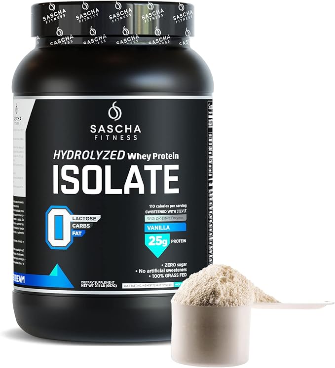 SASCHA FITNESS Hydrolyzed Whey Protein Isolate,100% Grass-Fed (2 Pounds, Vanilla)