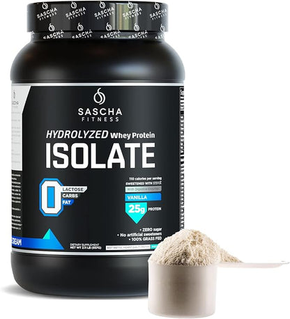 SASCHA FITNESS Hydrolyzed Whey Protein Isolate,100% Grass-Fed (2 Pounds, Vanilla)