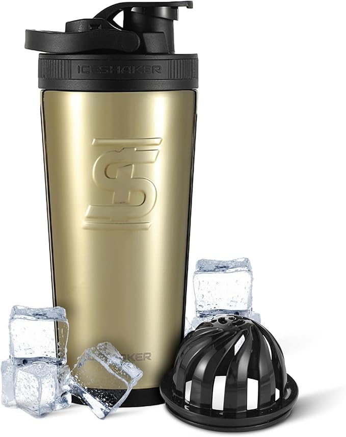 Ice Shaker Insulated Stainless Steel Shaker Bottle | 26oz, Gold | Cold for 30+ Hours | Insulated Cup with Twist-on Agitator | Odor-Free Shaker Cup for Protein Shakes, Water, Smoothies, Cocktails