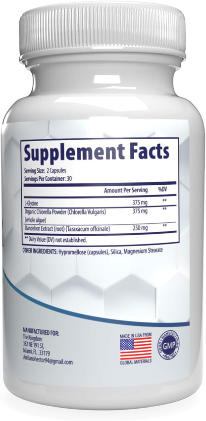 Chlorella, L - glycine, Dandelion Root. Enchances Immune Function, Gut Health. Aids in reducing inflamation. Alkaline Body Detox from Heavy Metals, aids Liver and Kidney Health. 60 Capsules