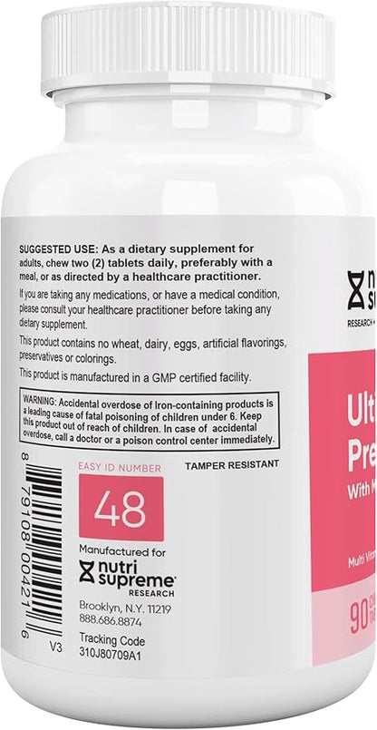Nutri Supreme Prenatal Vitamin, Chewable Prenatal Vitamins for Women with Highly Absorbable Methyl Folate, Complete Prenatal Multivitamin with Iron, Kosher, Cherry Flavor, 90 Count