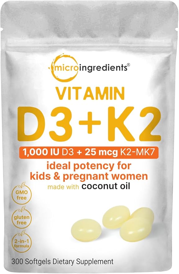 Micro Ingredients Vitamin D3 1,000 iu Plus K2 (MK-7) 25 mcg, 300 Virgin Coconut Oil Softgels | 2 in 1 Vitamins D & K Complex | Ideal Potency for Kids & Pregnant Women – Easy to Swallow