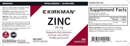 Kirkman - Zinc 20mg - 250 Capsules - Immune Support - High Absorption - Hypoallergenic